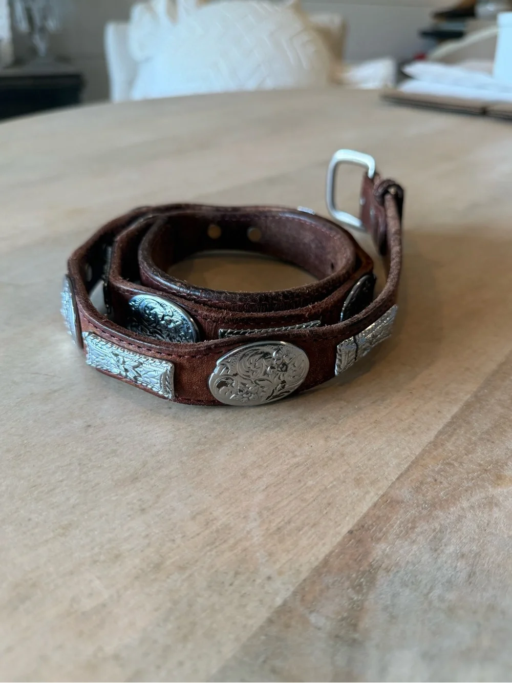 Vintage Western Unisex Tooled Brown Leather Belt with Silver Concho Accents
